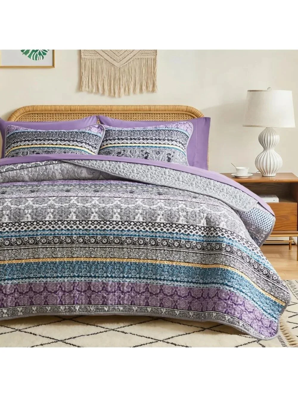 Colorful Boho Quilt Set Full/Queen - Purple & Grey Striped Bedding, Soft